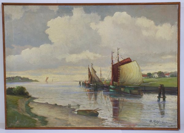 Ölgemälde mit Kanallandschaft mit Schiffen und Häusern, signiert H.Kühlmann