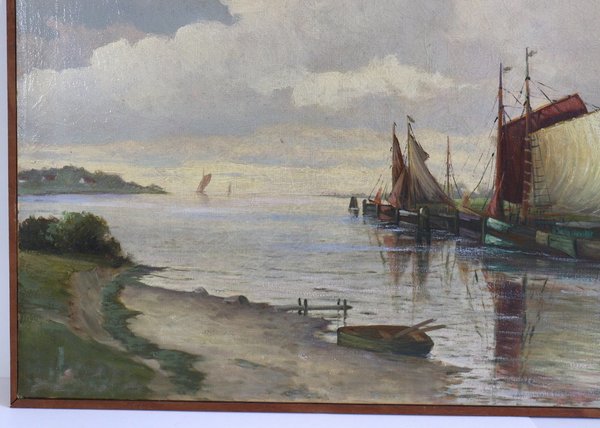 Ölgemälde mit Kanallandschaft mit Schiffen und Häusern, signiert H.Kühlmann