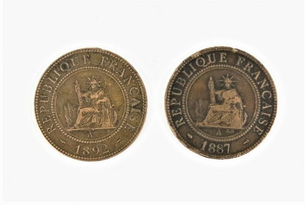 Zwei Bronzemünzen, Frankreich Indochina 1 Cent von 1887 und 1892