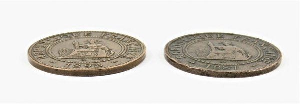 Zwei Bronzemünzen, Frankreich Indochina 1 Cent von 1887 und 1892