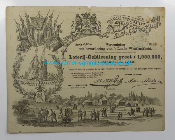 Niederlande, Wertpapier Loterij Geldleening groot in 400.000 Andeelen a 2,50 Gulden, 1870, Original