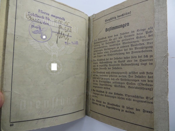 Dienstbuch eines Mannes bei Organisation Todt, 2. Weltkrieg, Original