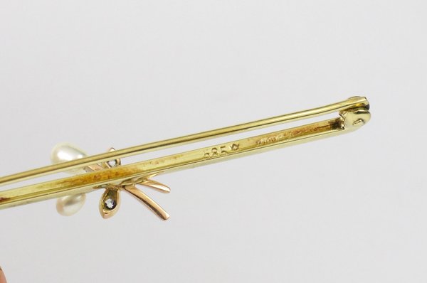 Antike 585er Goldbrosche mit Diamanten und Perlen, 20er / 30er Jahre