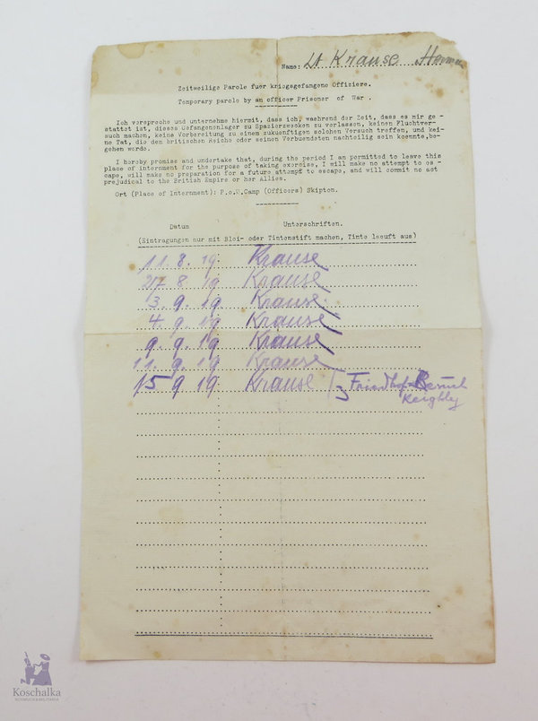 Dokument / Zeitweilige Parole, Kriegsgefangenschaft für deutsche Offiziere, 1. Weltkrieg, Original