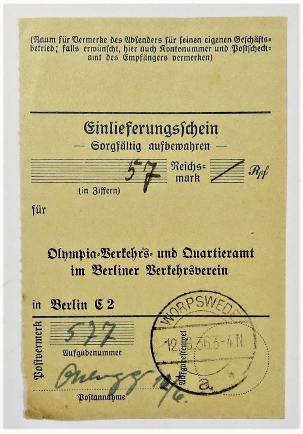Einlieferungsschein, Olympia Verkehrs- und Quartieramt Berlin, III. Reich, Original