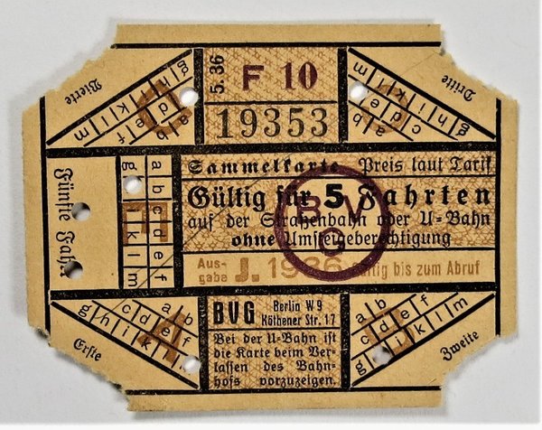 Sammelfahrkarte, Gültig für 5 Fahrten, BVG, Berlin 1936, III. Reich, Original