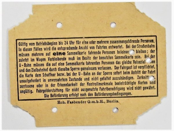 Sammelfahrkarte, Gültig für 5 Fahrten, BVG, Berlin 1936, III. Reich, Original