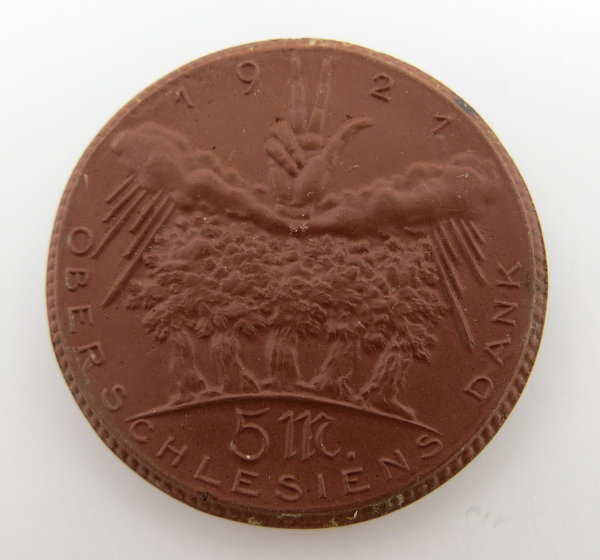 Notgeld Meissen Steinzeug Medaille 5 Mark 1921 "Oberschlesiens Dank"
