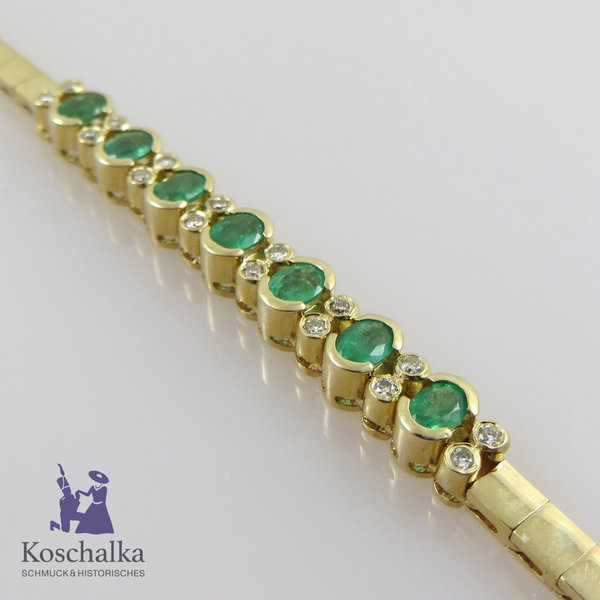 585er Goldarmband mit Smaragden und Diamanten, 18,5 cm lang