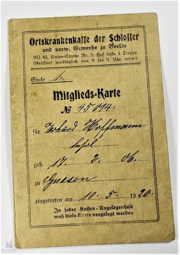 Mitgliedskarte Ortskrankenhaus der Schlosser, um 1920