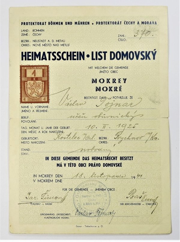 Heimatschein, List Domovsky, 1941, Original