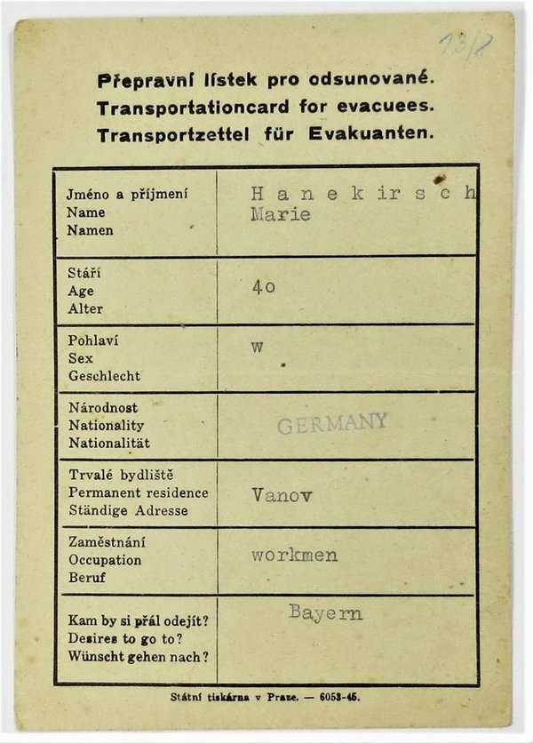 Transportzettel für Evakuanten, Böhmen und Mähren, um 1945