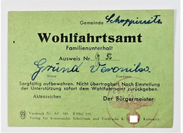 Wohlfahrtsamt Familienunterhaltsausweis, besetzte Gebiete Polen, 2. Weltkrieg, Original