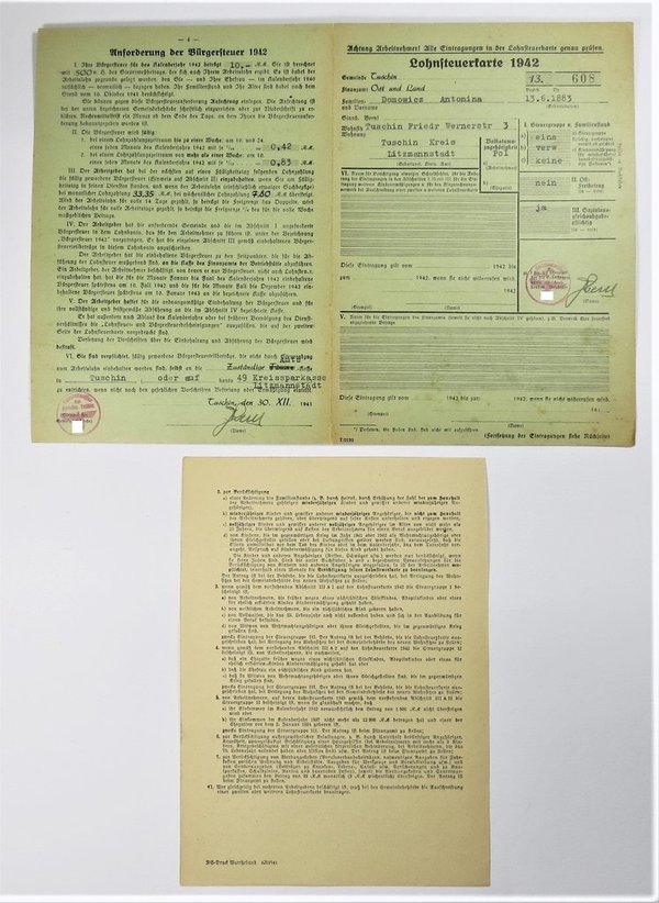 Lohnsteuerkarte und Einlage, Besetzte Gebiete Polen, Lodsch, 1942, Original