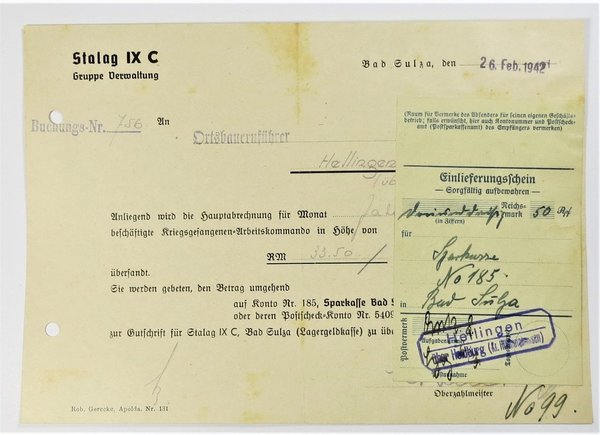 Hauptabrechnung Januar 1941, Hellingen, Stalag IX C Bad Sulza, mit Einlieferungsschein, Original