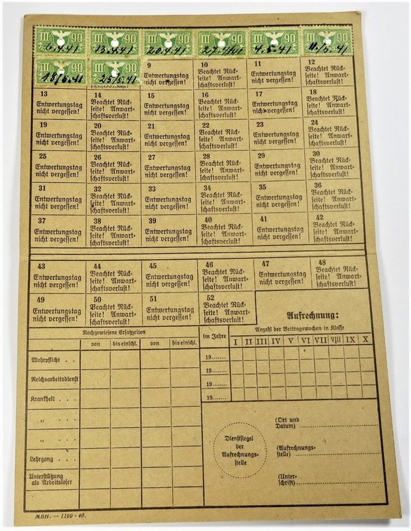 Invalidenversicherung Quittungskarte, 01.04.1941, Original