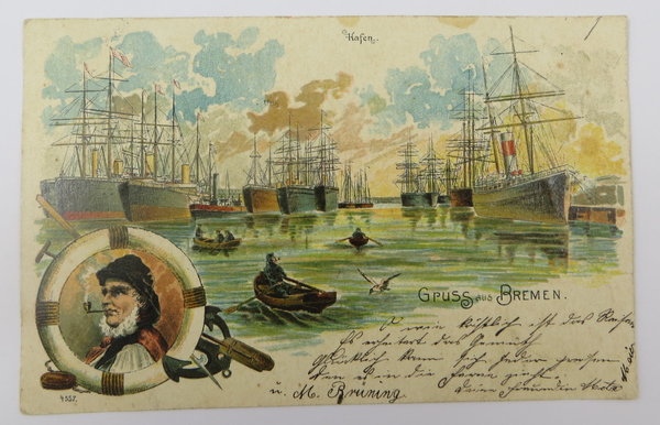 Ak / Postkarte, Hafen Gruss aus Bremen, Litographie, gelaufen, Original