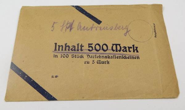 Inflations-Umschlag für 500 Mark in 100 Stück Darlehenskassenscheinen zu 5 Mark, Original