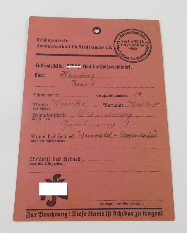 Begleitkarte, Reichszentrale Landaufenthalt für Stadtkinder e. V., 1940, III. Reich, Original