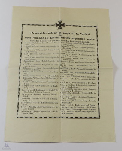 Verleihungsschreiben "Für rühmliches Verhalten im Kampf...", Eisernes Kreuz, 1. WK, Original