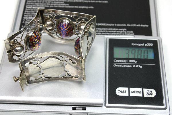 Breites 925er Silberarmband mit Glaskunst Steinen, 17 cm lang