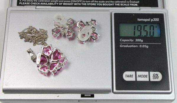925er Silber Anhänger mit Kette und Ohrringen, rosa Zirkonias, um 2000