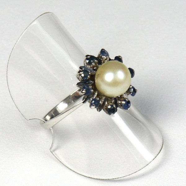 Vintage 750er Weißgold Ring mit einer Perle und zehn Saphiren, Gr. 54