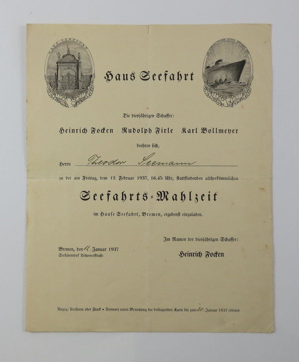 Konvolut über Schaffermahlzeit Seefahrts-Mahlzeit Bremen 12. Januar 1937, Original