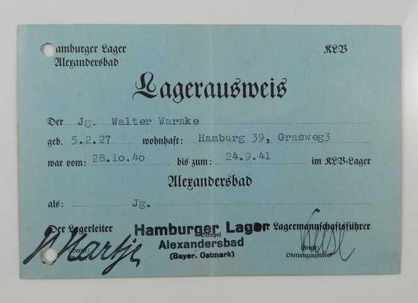 Lagerausweis eines Jungen aus der Hitlerjugend, Hamburg, III. Reich, Original