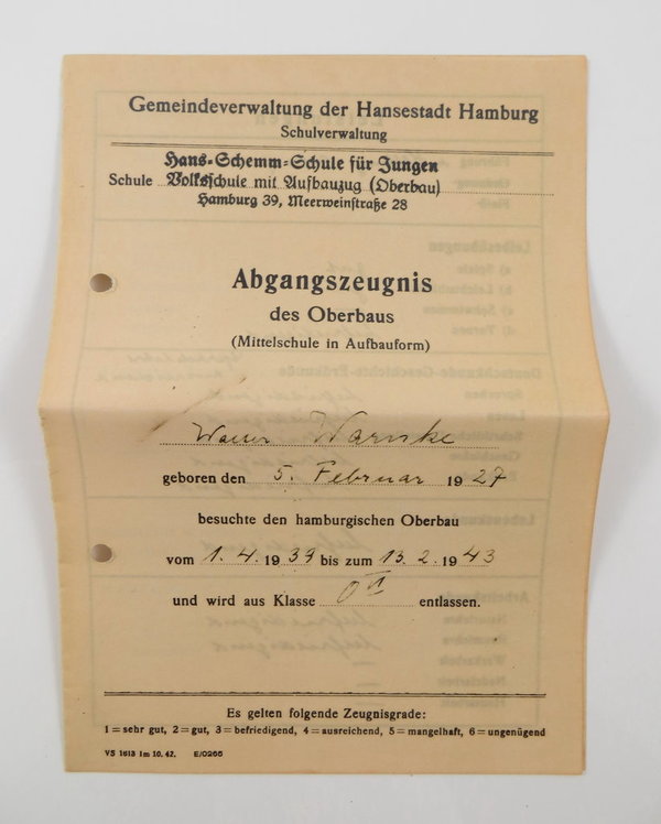 Hamburg, Hans-Schemm-Schule, Abgangszeugnis eines Jungen der Hitlerjugend, III. Reich, Original