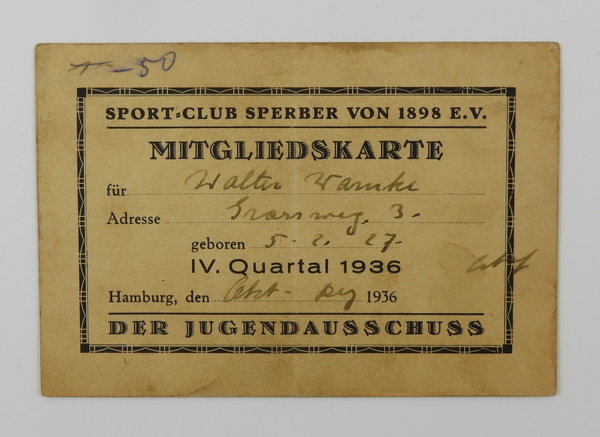 Hamburg, Sportclub Sperber, Mitgliedskarte eines Jungen der Hitlerjugend, III. Reich, Original