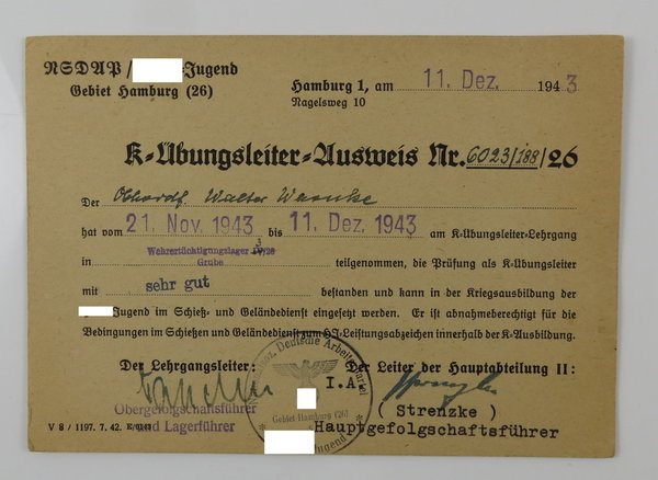 K-Übungsleiterausweis der Hitlerjugend, III. Reich, Original