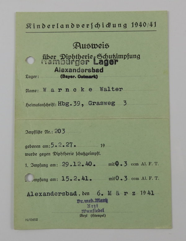Kinderlandverschickung Hamburg, Ausweis über Diphterie-Schutzimpfung, III. Reich, Original
