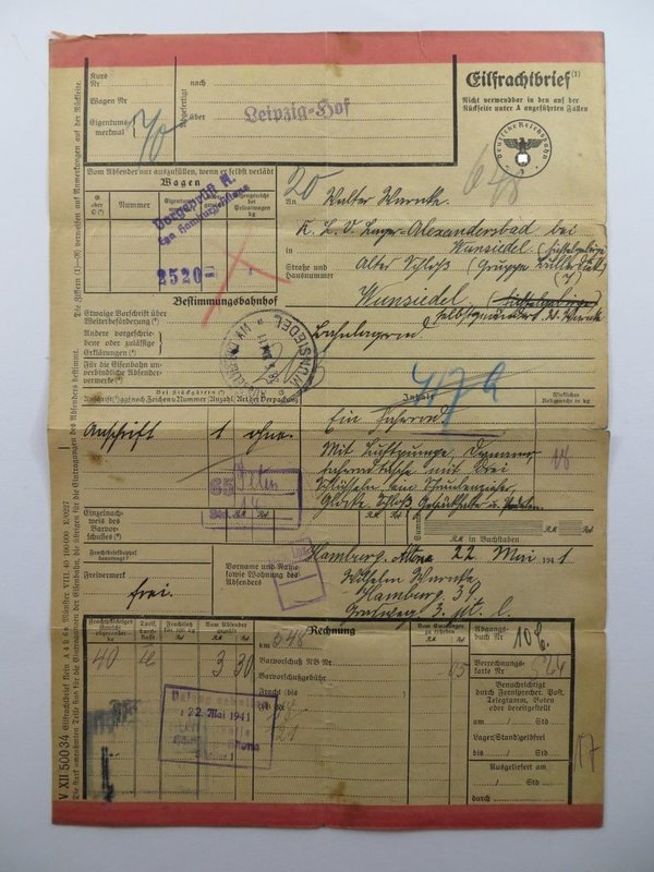 Eilfrachtbrief eines HJ Jungen, 22. Mai 1941, III. Reich, Original