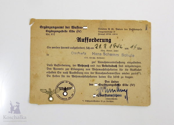Aufforderung zur Annahmeuntersuchung am 21.3.1942, III. Reich, Original