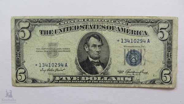 USA, 5 Dollar, Silver Certificate, 1953 A., Original