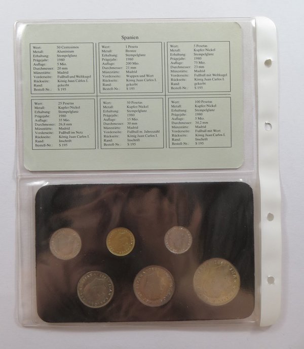 Spanien, Münzensatz, 50 cts, 1, 5,25, 50, 100 Pesetas, 1980, zu Fußball WM 1982 Spanien