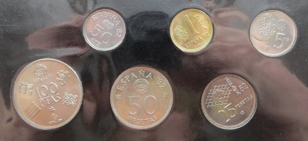 Spanien, Münzensatz, 50 cts, 1, 5,25, 50, 100 Pesetas, 1980, zu Fußball WM 1982 Spanien