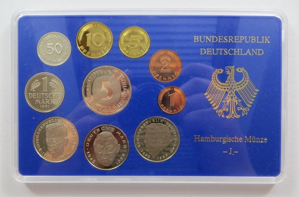 BRD, KMS Kursmünzensatz DM Deutsche Mark, 1991, J, Hamburg
