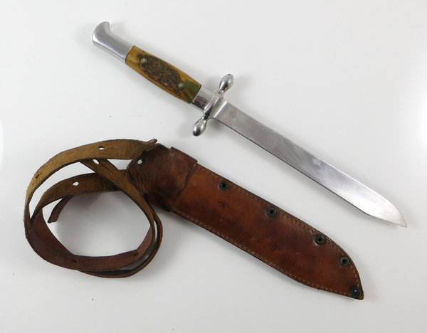 Antikes Messer/Kampfmesser Stilett mit Hirschhorn und Lederscheide