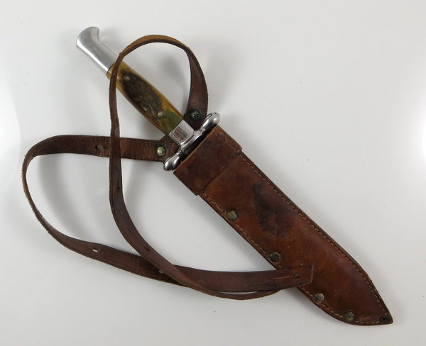 Antikes Messer/Kampfmesser Stilett mit Hirschhorn und Lederscheide