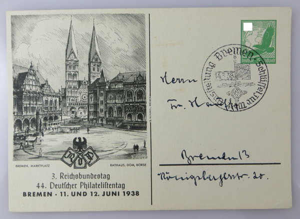 AK / Postkarte, 3. Reichsbundestag 44. Deutscher Philatelistentag, Bremen 11-12. Juni 1938, Original