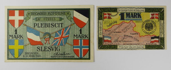 Notgeld Plebiscit Slesvig, von 1920, 2 Stück, Original