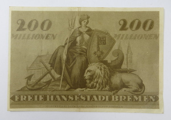 Notgeld der Stadt Bremen, 200 Millionen Mark, 1923, Original