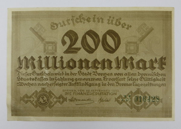 Notgeld der Stadt Bremen, 200 Millionen Mark, 1923, Original