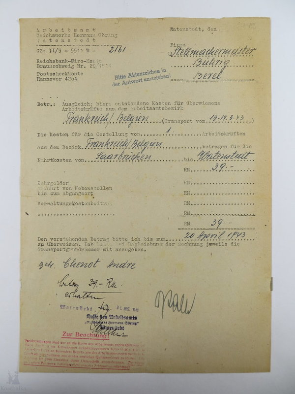 Rechnung über Kosten der Stellung von Arbeitskräften aus Frankreich/Belgien, III. Reich, Original