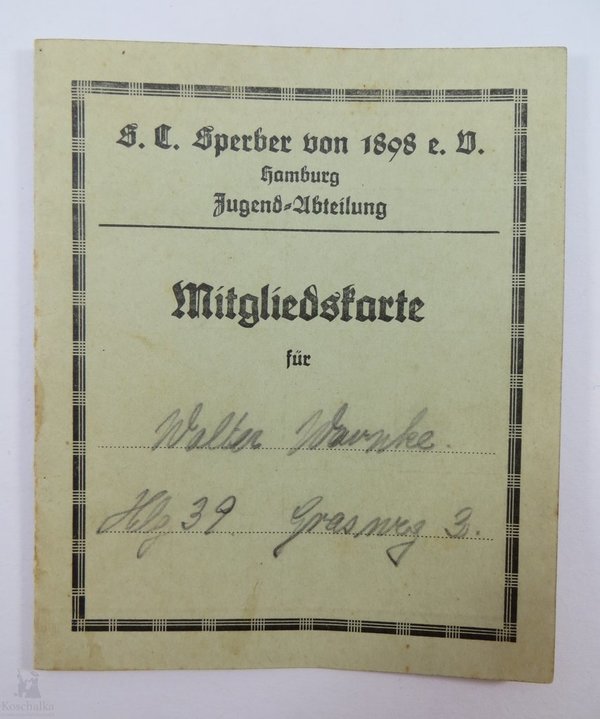 Mitgliedskarte des S.C. Sperber, Jugend-Abteilung, III. Reich, Original