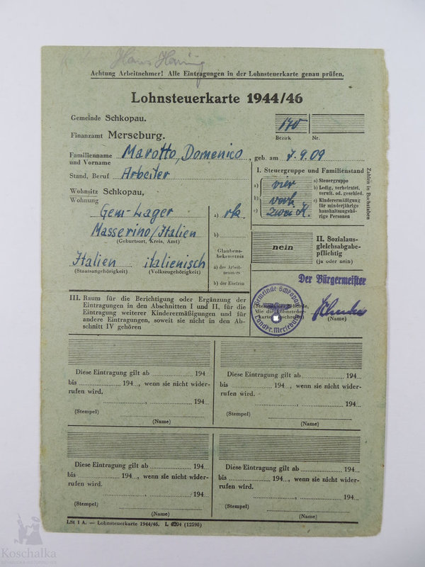 Lohnsteuerkarte 1944/46 eines italienischen Arbeiters, III. Reich, Original