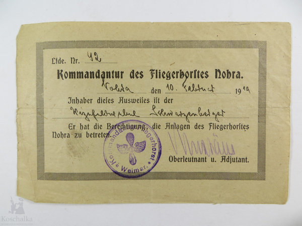 Berechtigung zur Betretung des Fliegerhorstes Nohra 1919, Original
