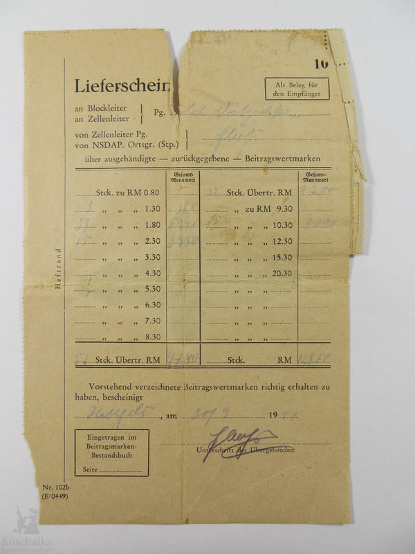 NSDAP Lieferschein über ausgehändigte/zurückgegebene Beitragswertmarken, 1944, III. Reich, Original